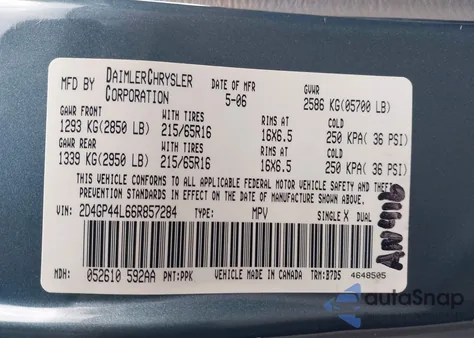 2006 Dodge Grand Caravan Sxt из США, поврежденный, VIN 2D4GP44L66R857284